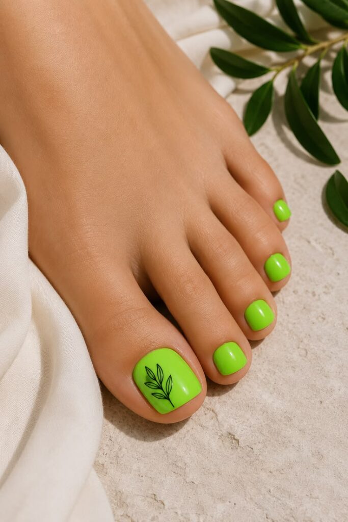 Lime Green With Minimalist Leaf Line Drawing