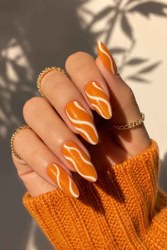 Marigold Yellow Shimmer Nails with Retro Swirl Art