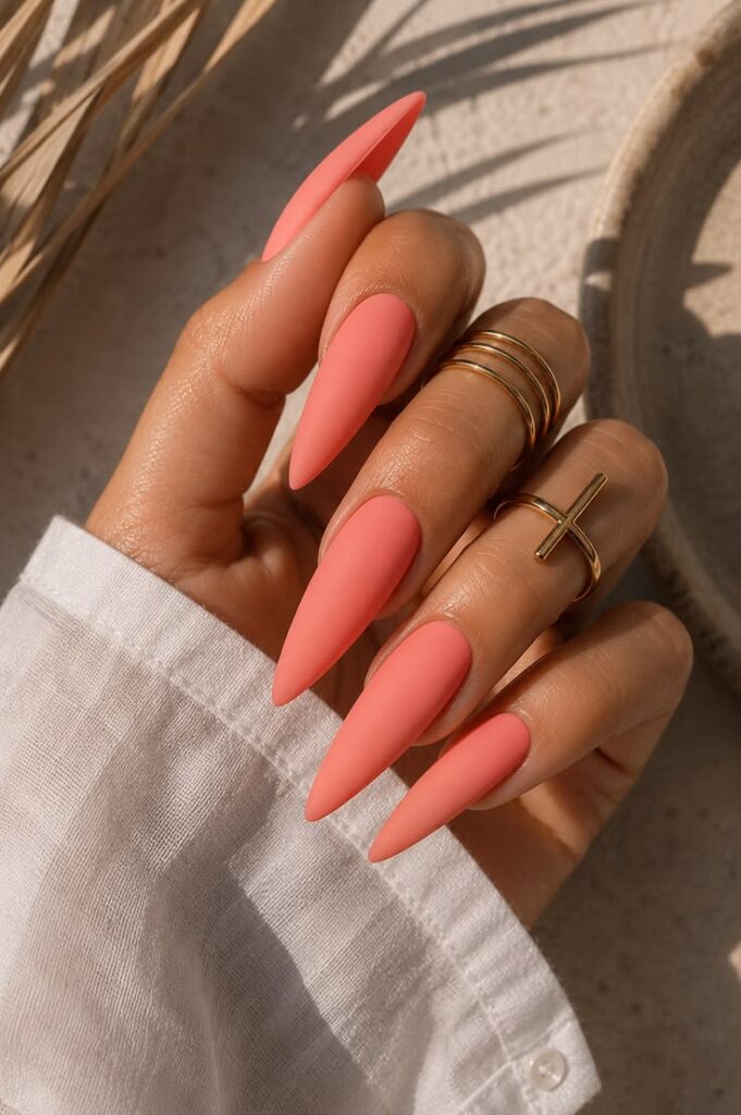 Matte Coral Stiletto Nails for the Ultimate July Sunset Mood