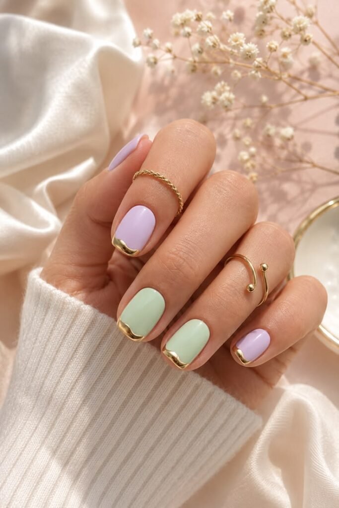 Matte Pastel French Nails with Gold Chrome Details