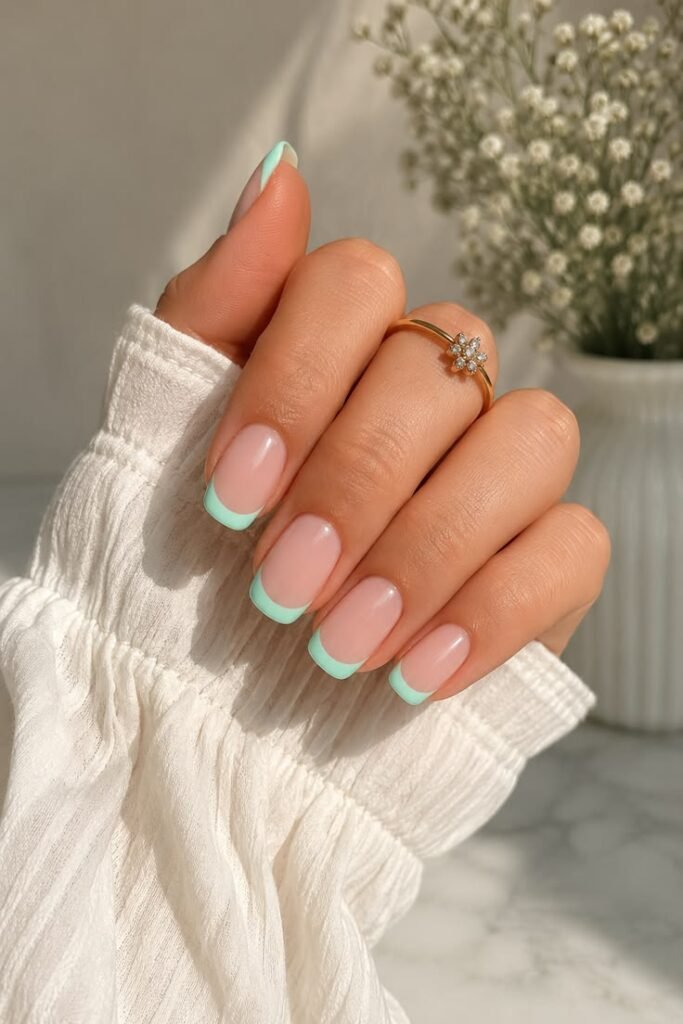 Mint Micro French Tip Nails