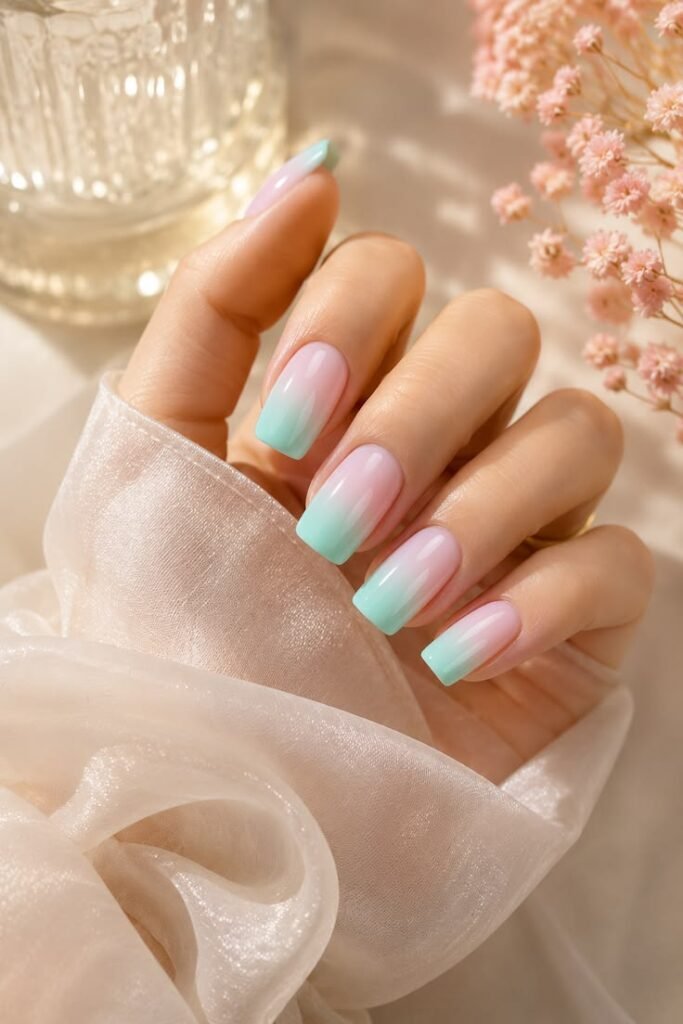Mint and Pink Ombre Square Nails for a Soft Summer Look