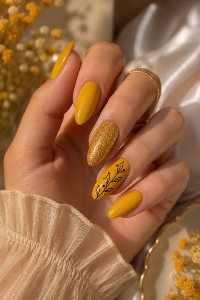 Mustard Yellow Almond Nails with Gold Glitter Accent