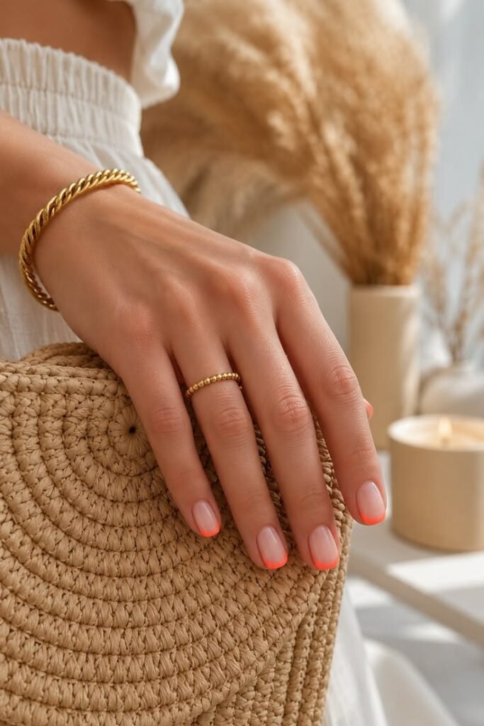 Neon Coral French Fade Nails With Short Natural Shape
