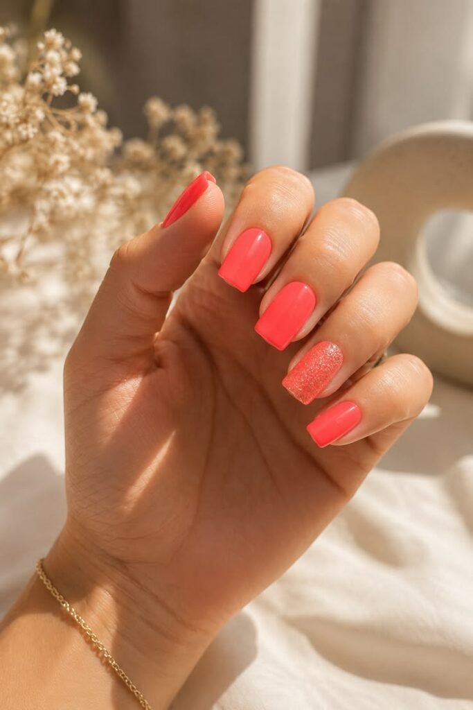 Neon Coral Square Nails with a Glitter Accent for Summer 2026