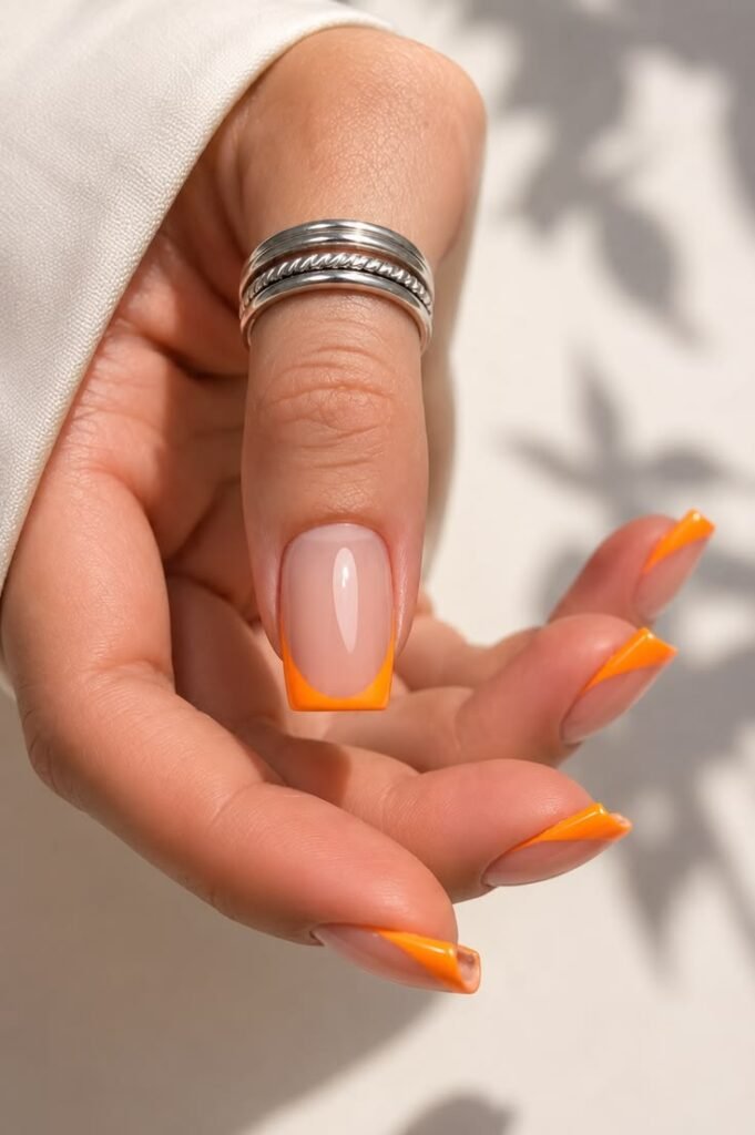 Neon Orange V French Tip Nails
