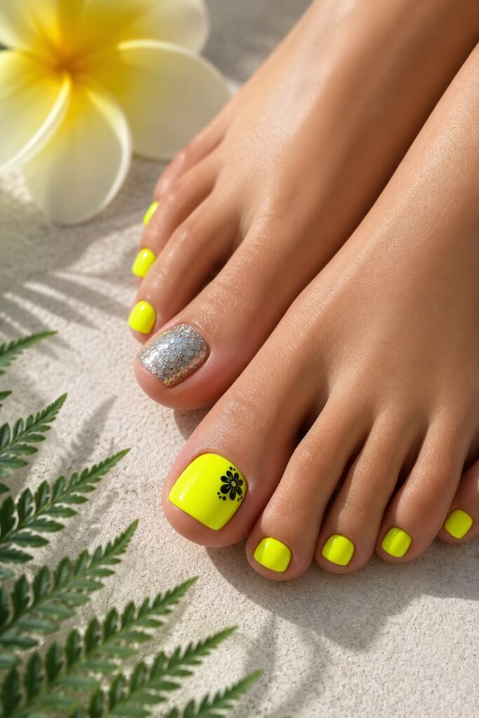 Neon Yellow With Black Flower Stamp and Glitter Mix