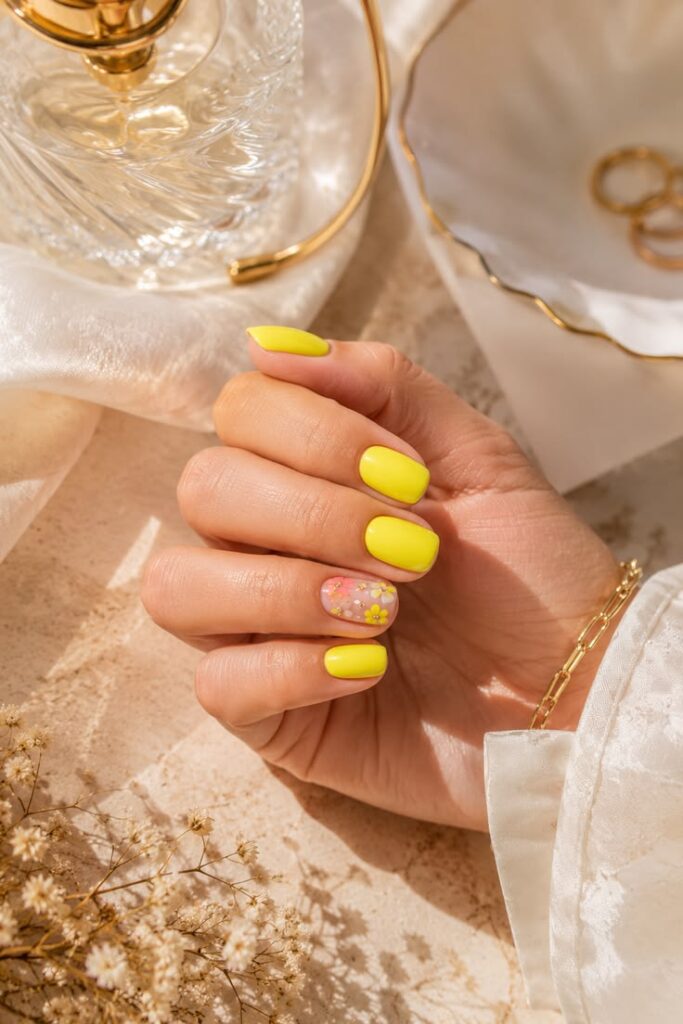 Neon Yellow With Floral Accent Nail and Playful Energy