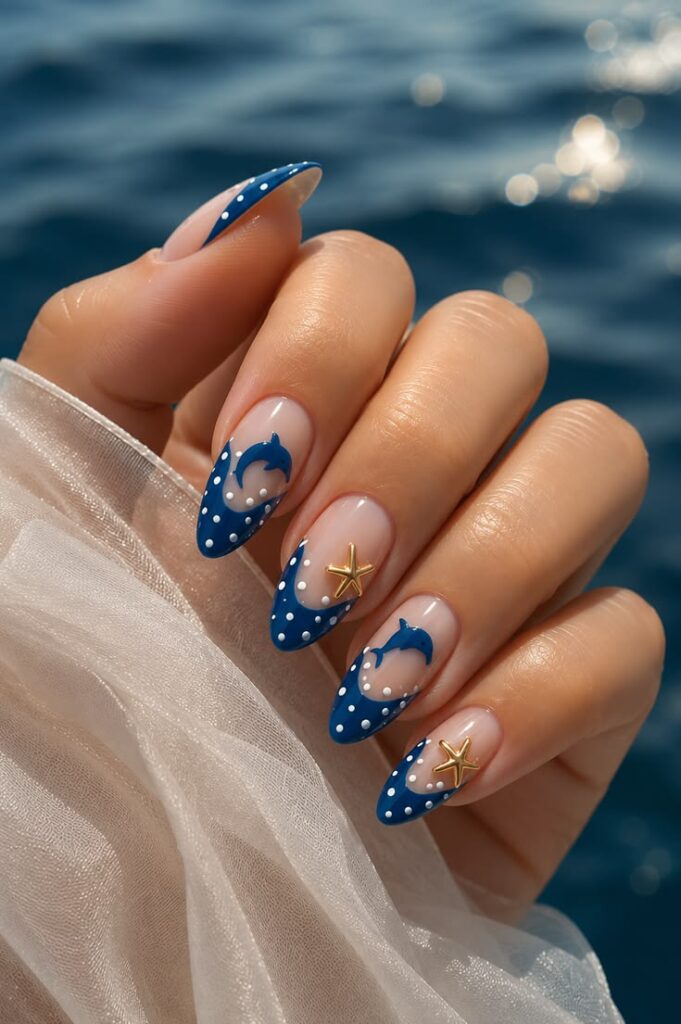 Ocean Blue French Tips With Dolphins and Starfish for July Beach Dreams