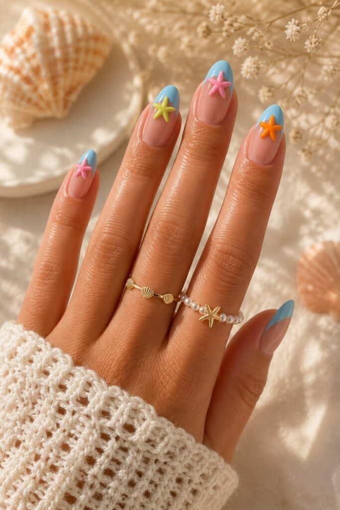 Ocean Blue French Tips with 3D Starfish Accents