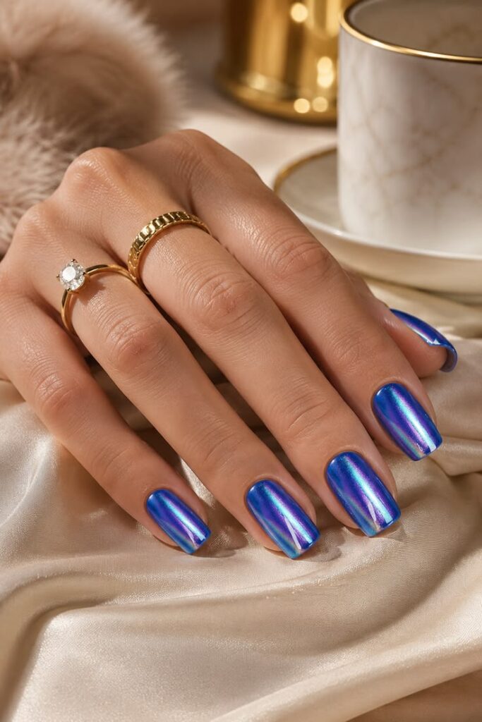 Ocean-to-Violet Chrome Nails With Square Shape and Maximum Shine