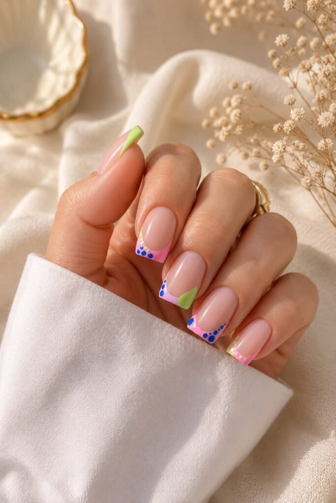 Pastel Pink French Tips with Playful Color Accents