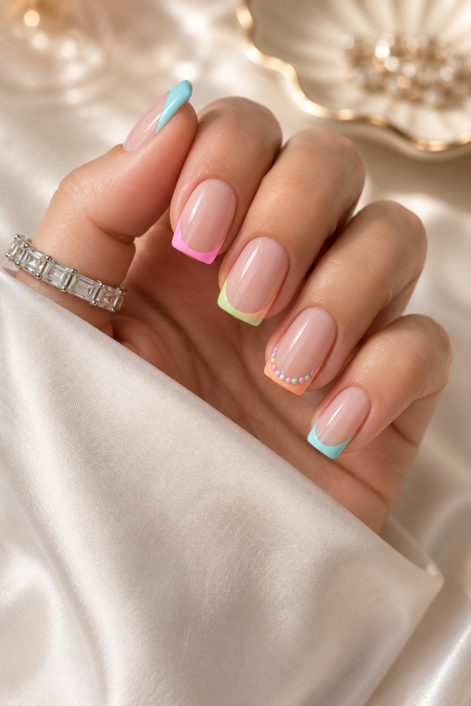 Pastel Rainbow French Tip Nails with Dot Accent