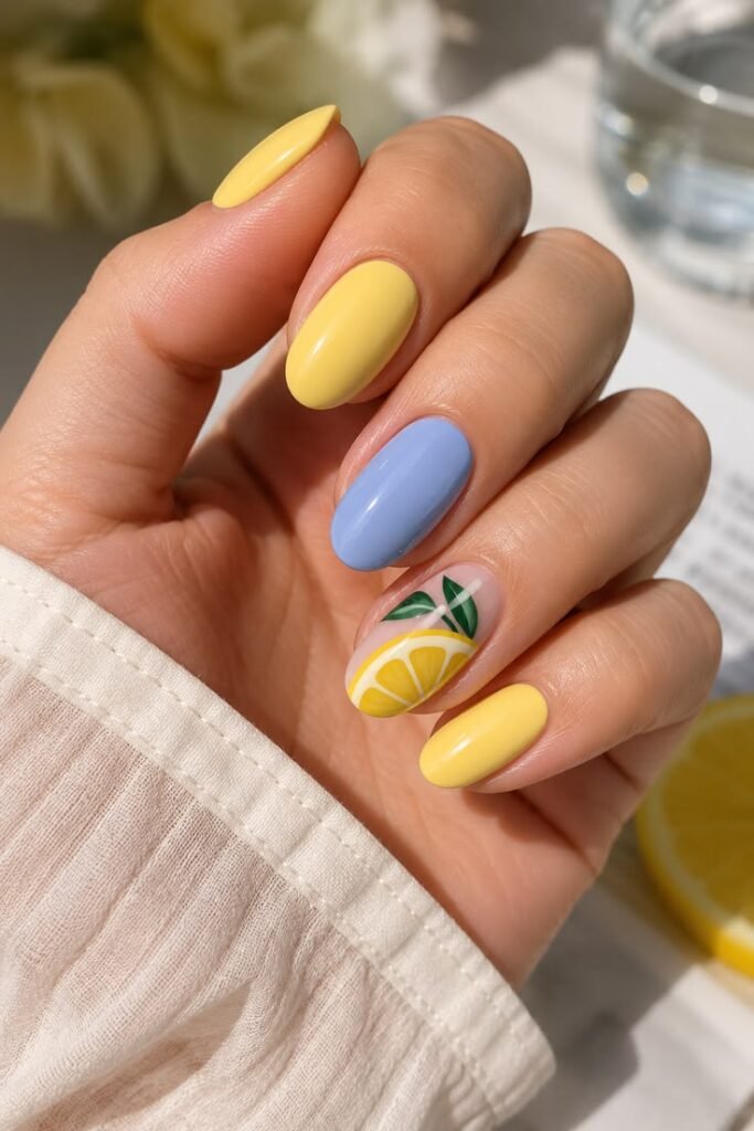 Pastel Yellow Lemon Slice Nails with Periwinkle Accents