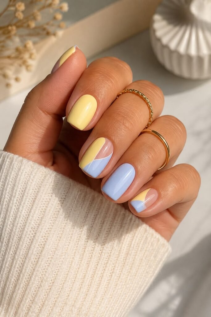 Pastel Yellow and Periwinkle Color Block Nails