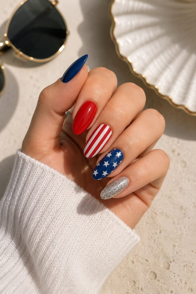 Patriotic Beach Nails With Almond Shape and Beachside Backdrop