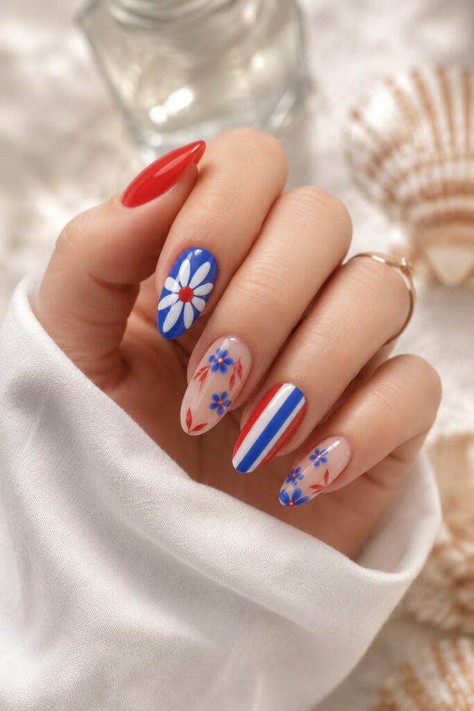 Patriotic Floral Nails With Folk Art Charm