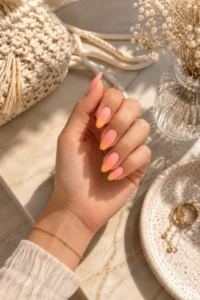 Peach Sunset Ombré Almond Nails for a Soft Summer Glow