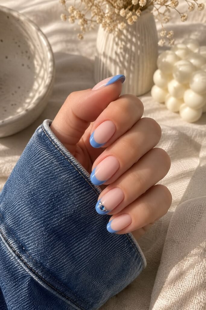 Periwinkle French Tips with a Delicate Crystal Accent
