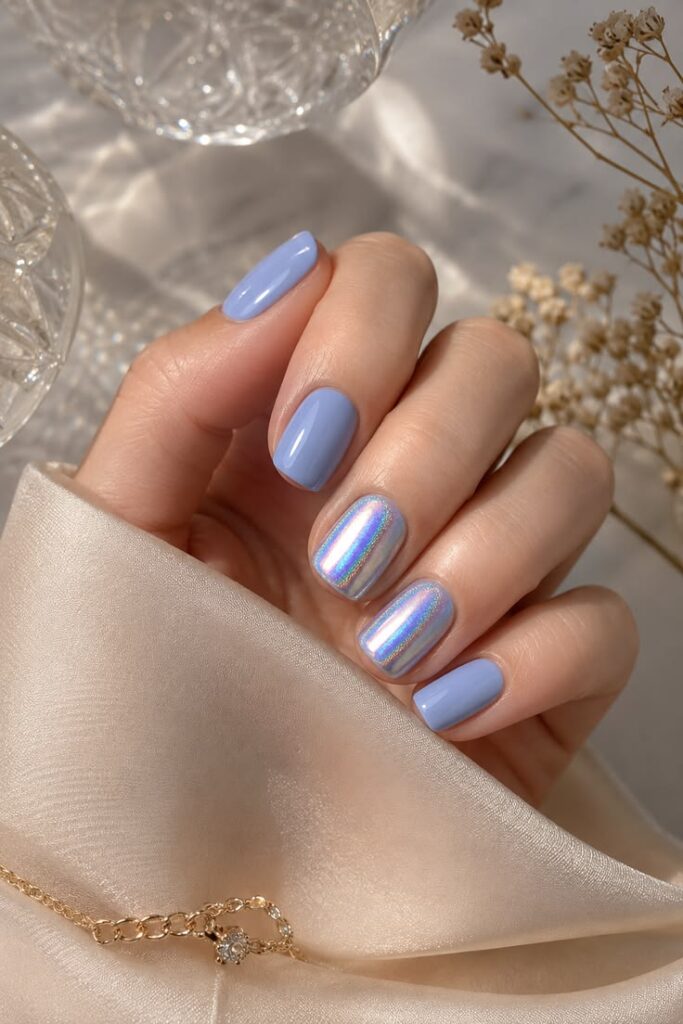Periwinkle and Holographic Chrome for Dreamy Futurism