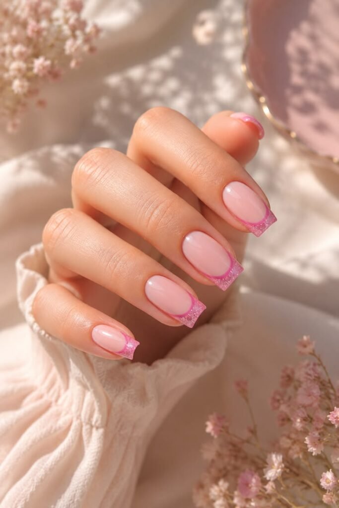 Pink Glitter French Tips for a Soft Glam Summer Manicure