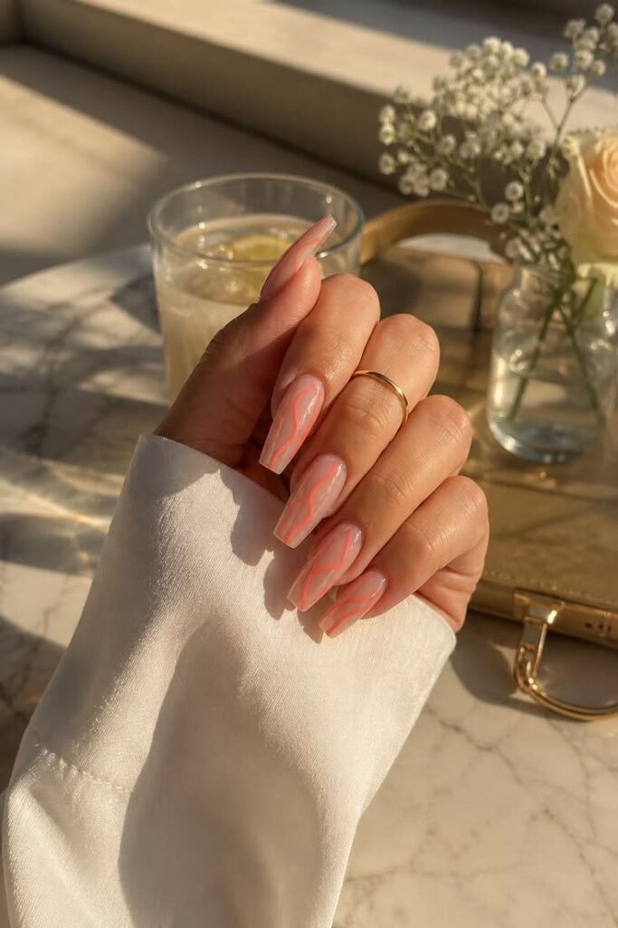 Pink Swirl Abstract Nails With Long Coffin Shape
