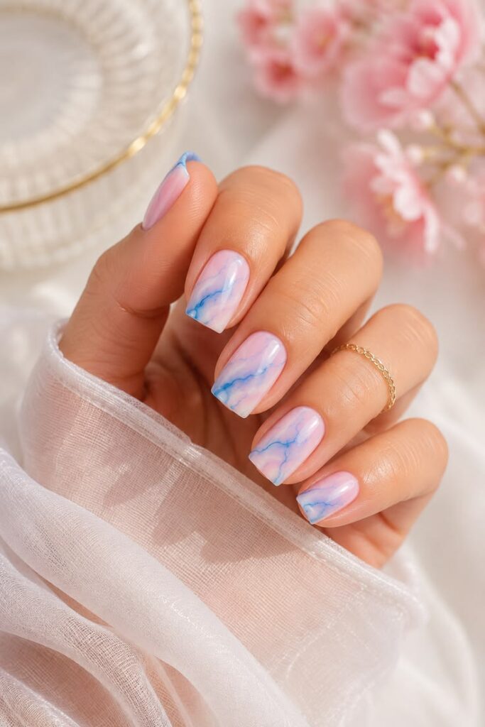 Pink and Blue Marble Nails That Look Like Cotton Candy Clouds