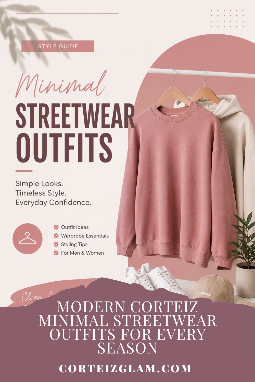 Minimal streetwear outfits featuring oversized neutral sweatshirts, white sneakers, and capsule wardrobe essentials in a clean aesthetic design.
