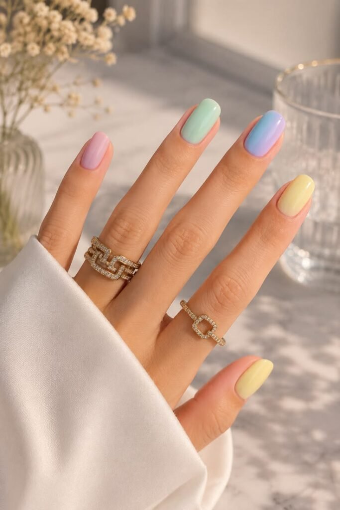 Rainbow Gradient Nails With Dreamy Sunset Glow