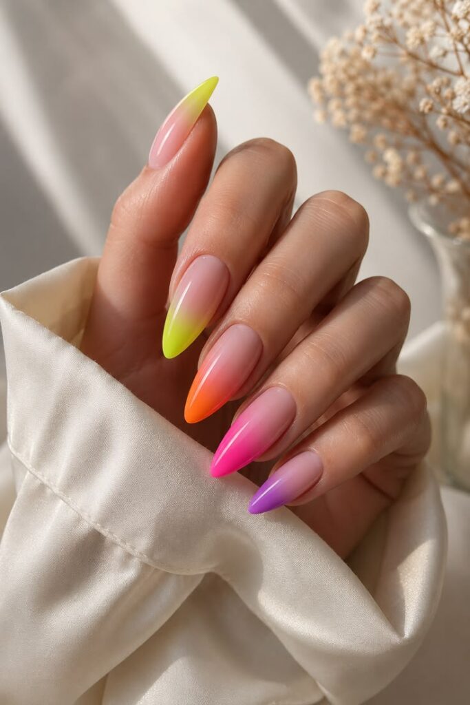 Rainbow Neon Tip Fade on Stiletto Shape