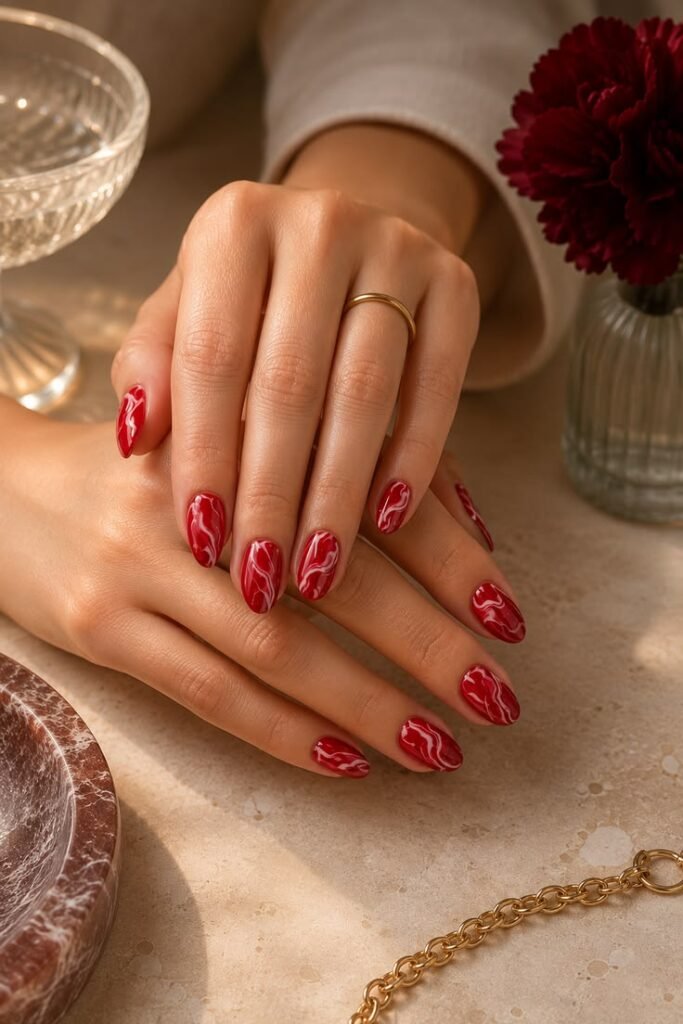 Red Marble Art Nails With Rounded Almond Shape
