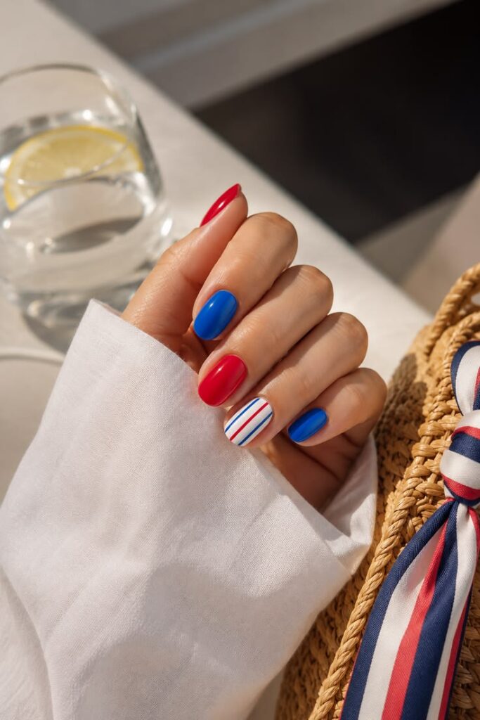 Red White and Blue Color Block Nails With Pinstripe Accent