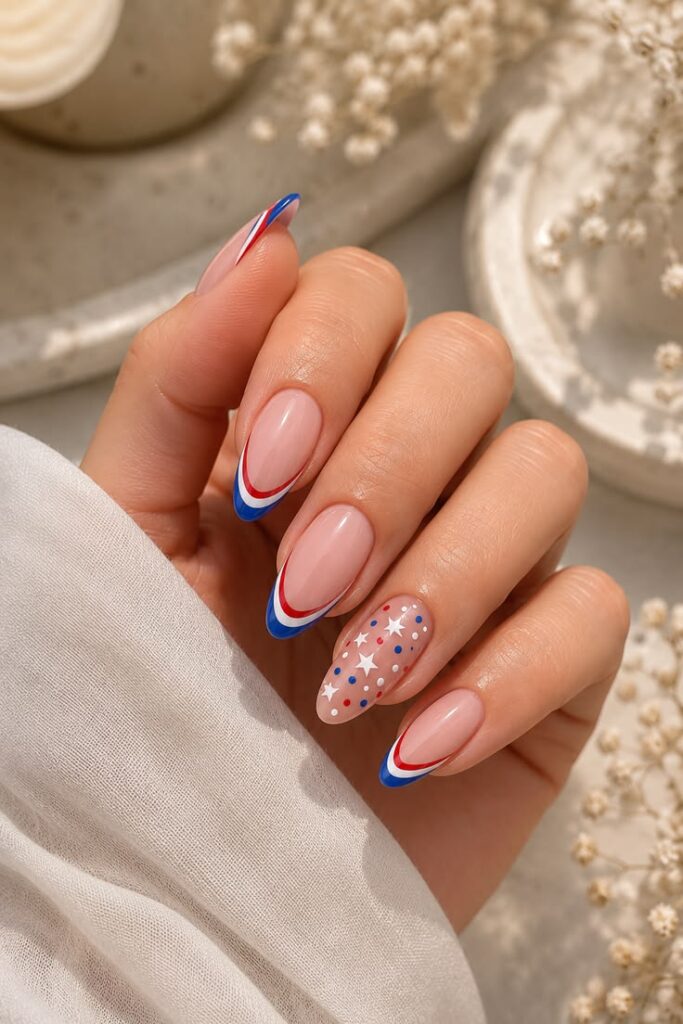 Red White and Blue French Tips With Star Confetti Accent