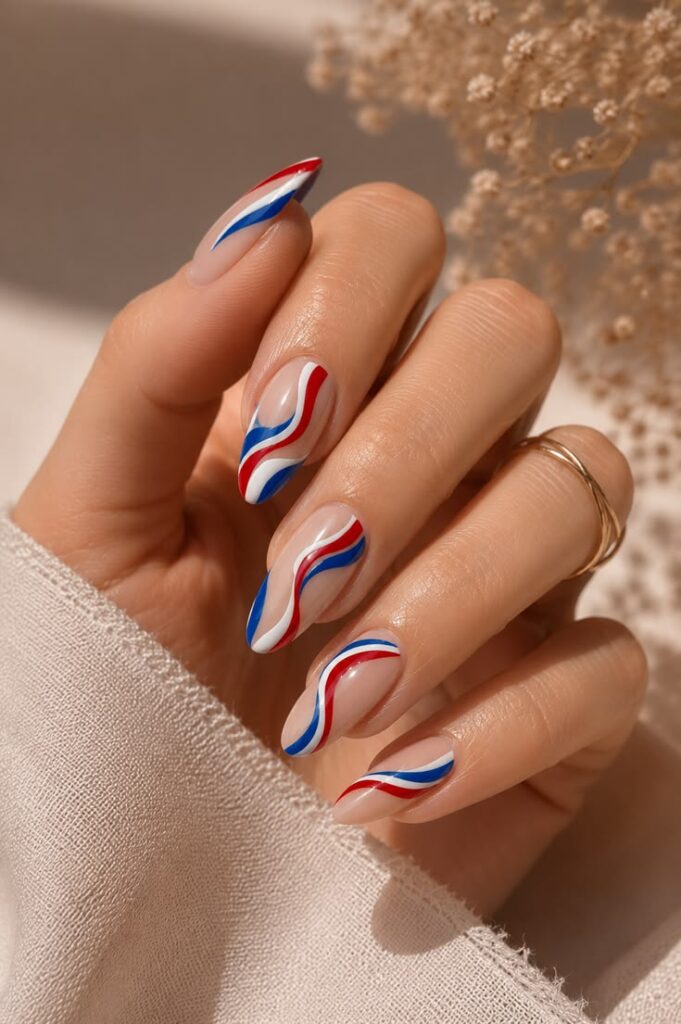 Red White and Blue Swirl Nails for Patriotic July Perfection