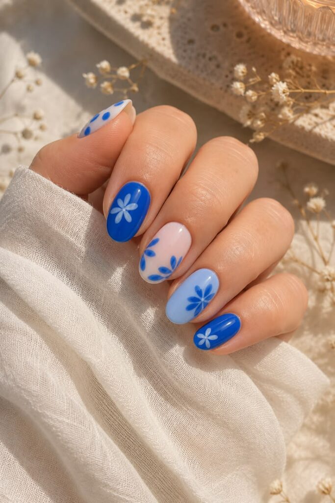 Royal Blue Floral Nails With Tonal Variation and Petal Details