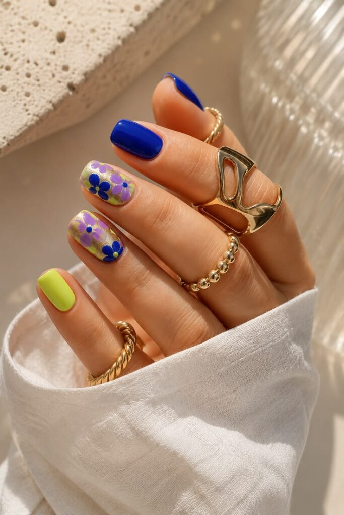 Royal Blue and Lime Green Floral Statement Nails