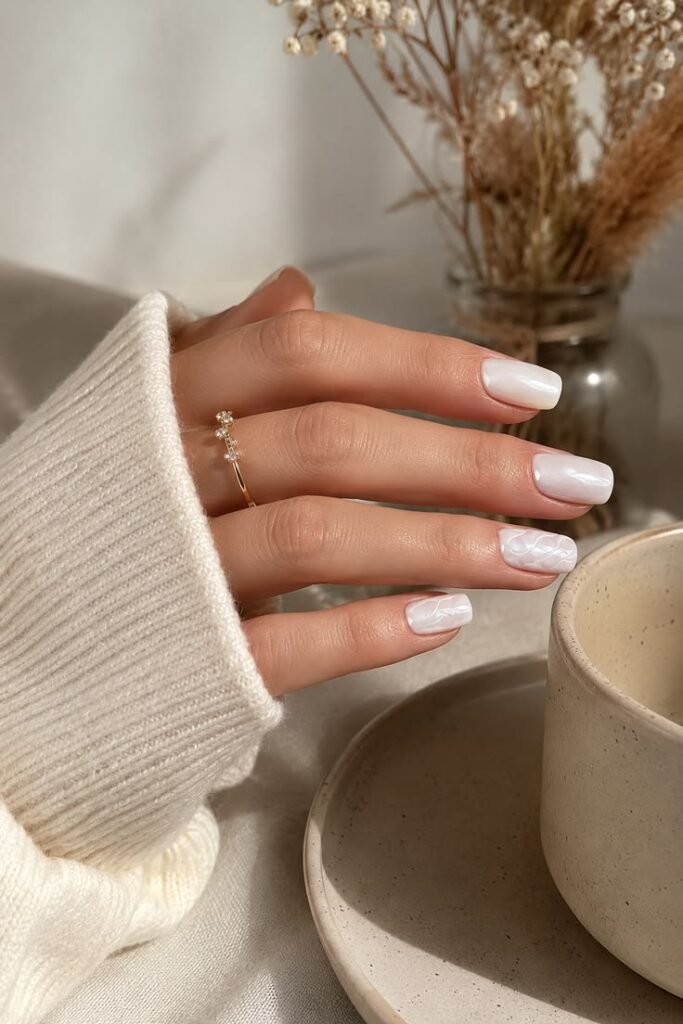 Sage Green Matte Nails with Silver Waves