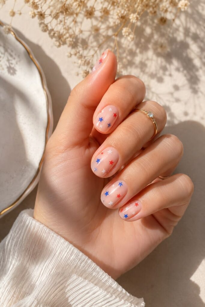 Scattered Star Nails on a Nude Base That Feel Effortlessl Festive
