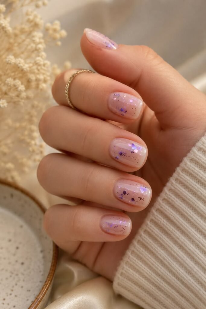Sheer Nude Nails with Purple Glitter