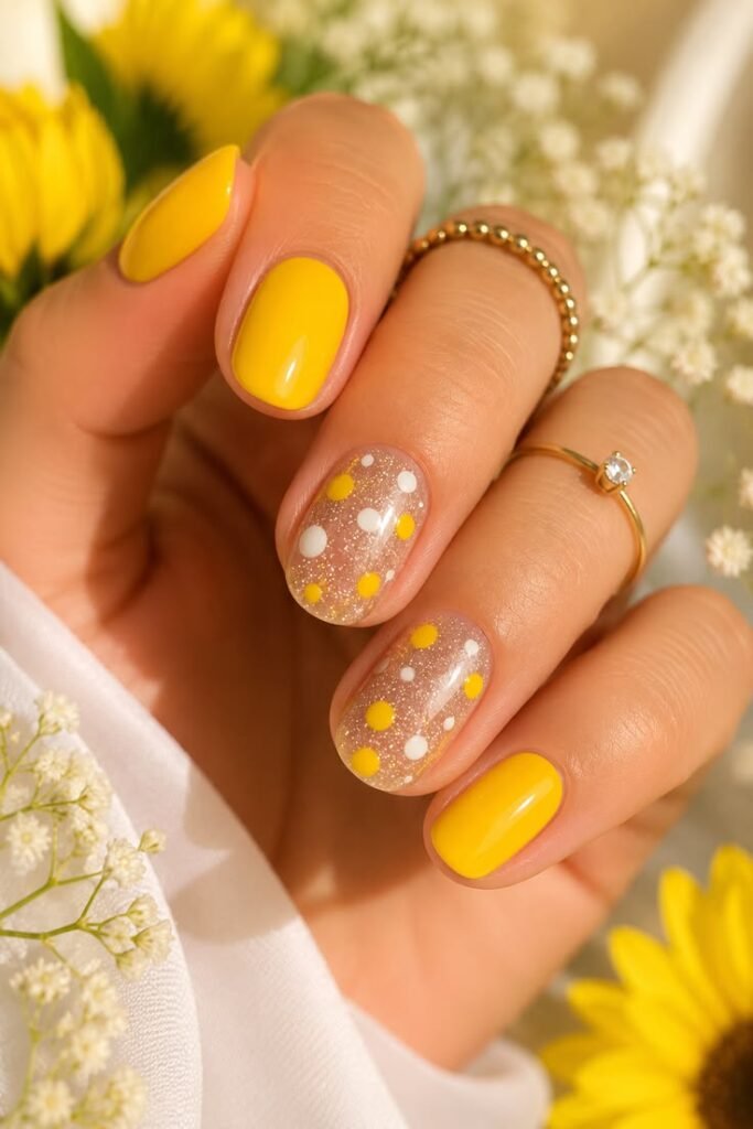 Short Sunny Yellow Nails with Glitter Polka Dot Accents