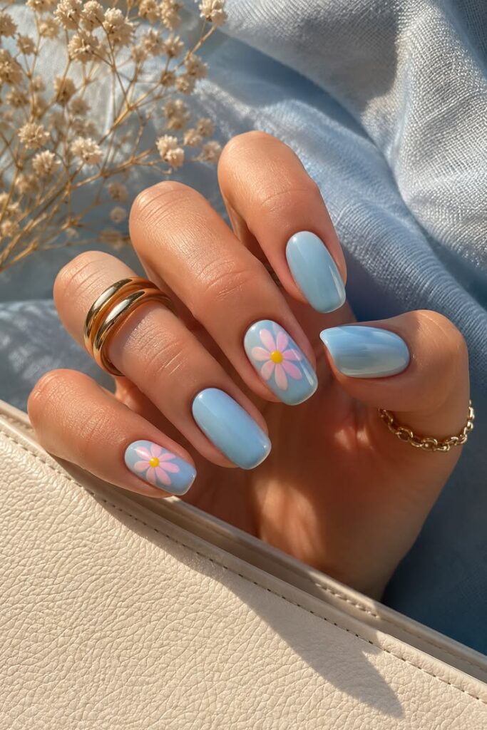Sky Blue With Hand-Painted Flower Accents