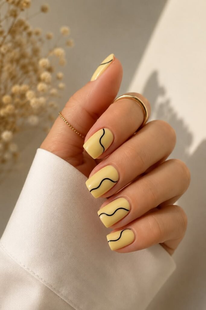 Soft Butter Yellow Nails with Minimal Black Wave Art