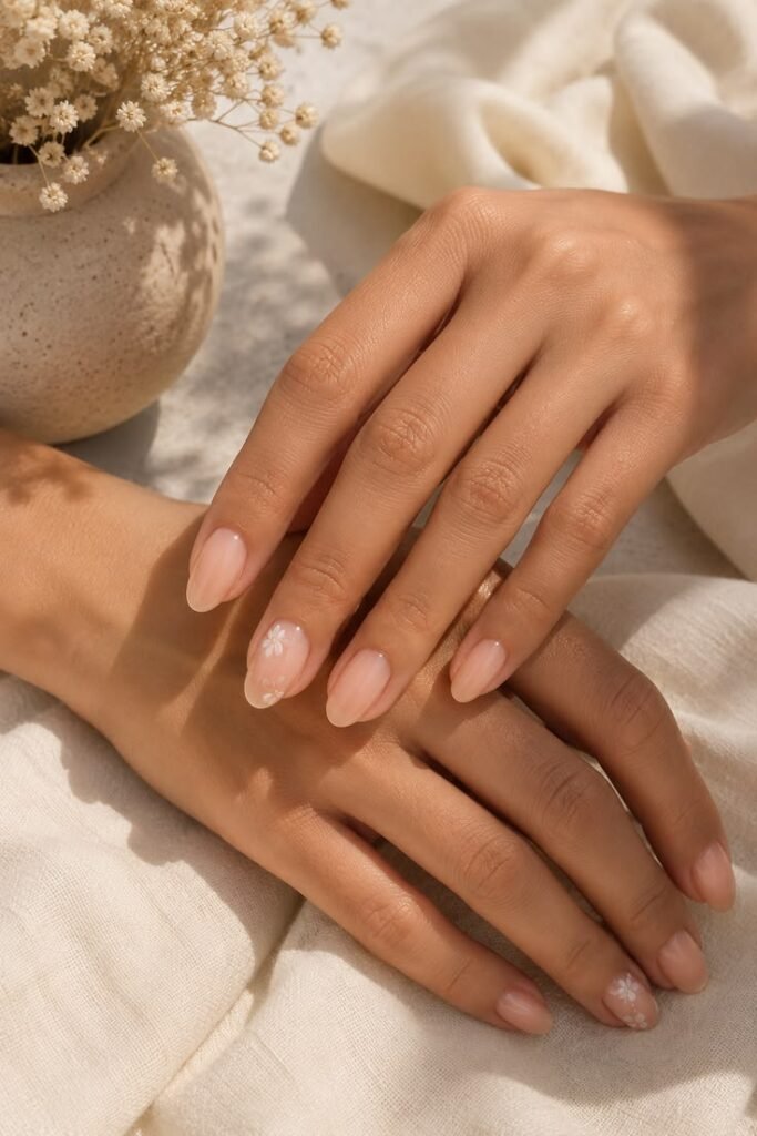 Soft Nude Nails With Tiny Floral Accents
