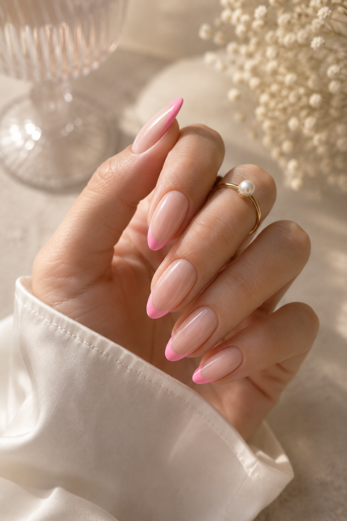Soft Pink French Tip Almond Nails