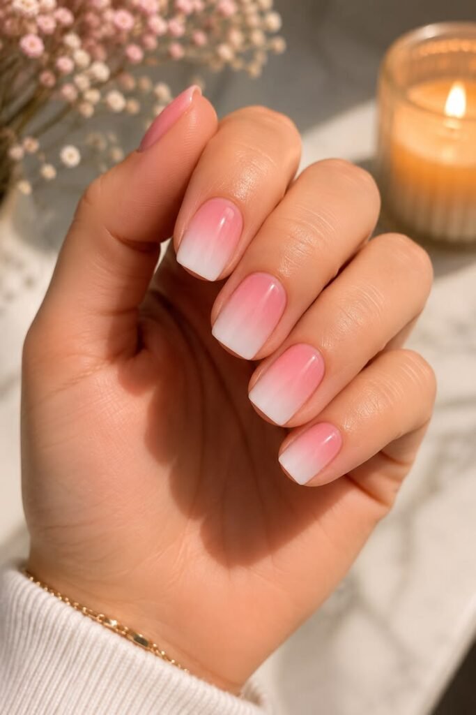 Soft Pink to White Ombré on Short Square Nails