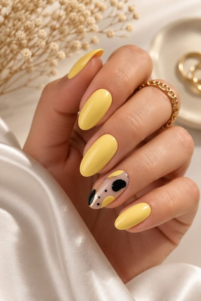 Soft Sage Yellow Almond Nails with Gold and Dot Accents