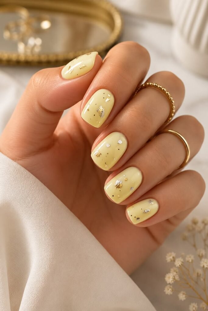 Soft Vanilla Yellow Nails with Gold Foil Accents