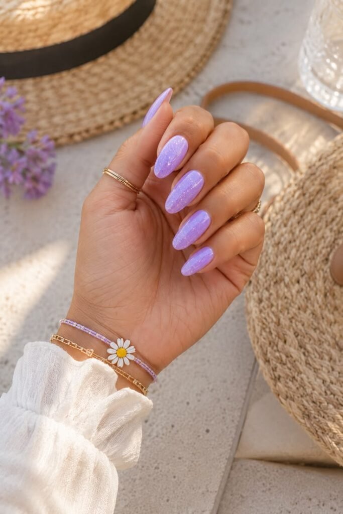 Sparkle Lavender Festival Nails With Almond Shape
