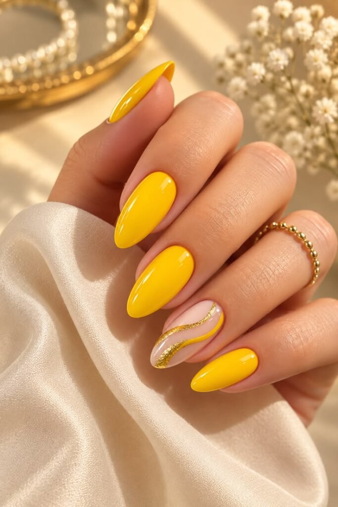 Sunflower Yellow Almond Nails with Gold Glitter Swirls