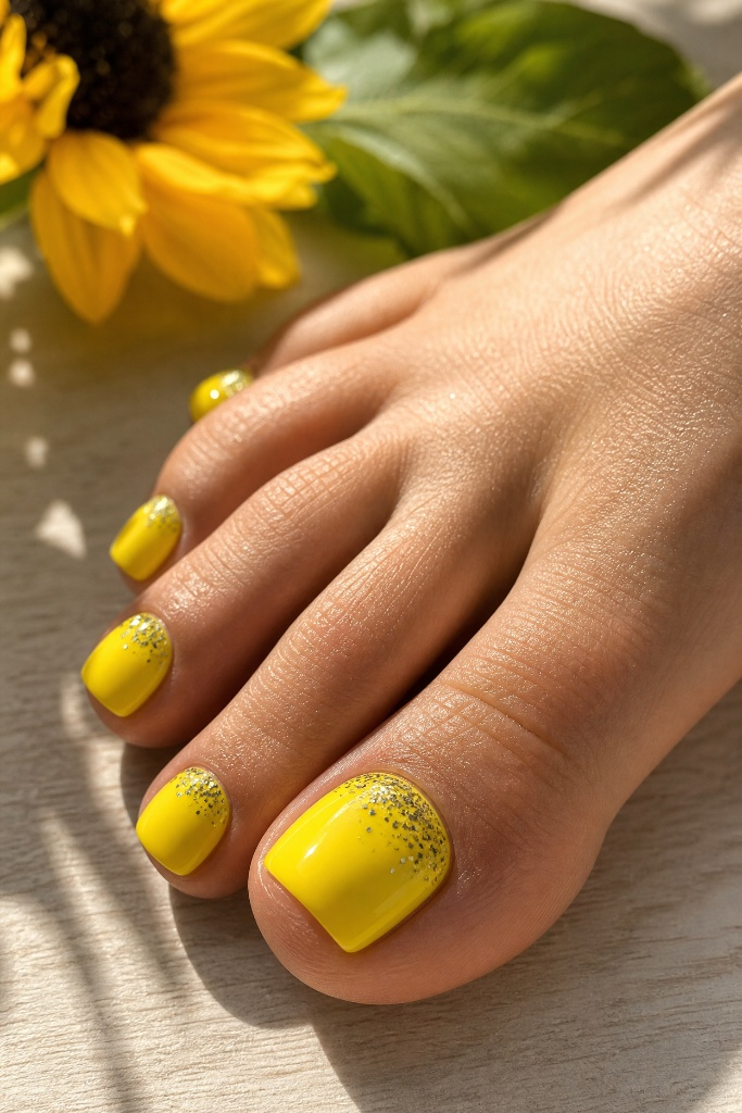 Sunny Yellow With Gold Glitter Tips